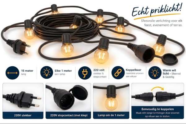 Professionele Prikkabel / Sfeerverlichting (15 meter – Koppelbaar)